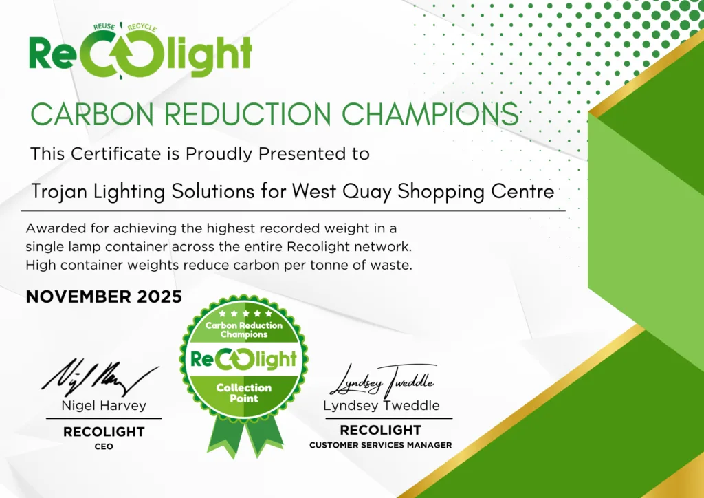 Recolight Carbon Champion Trojan Lighting Solutions for West Quay Shopping Centre November 2025
